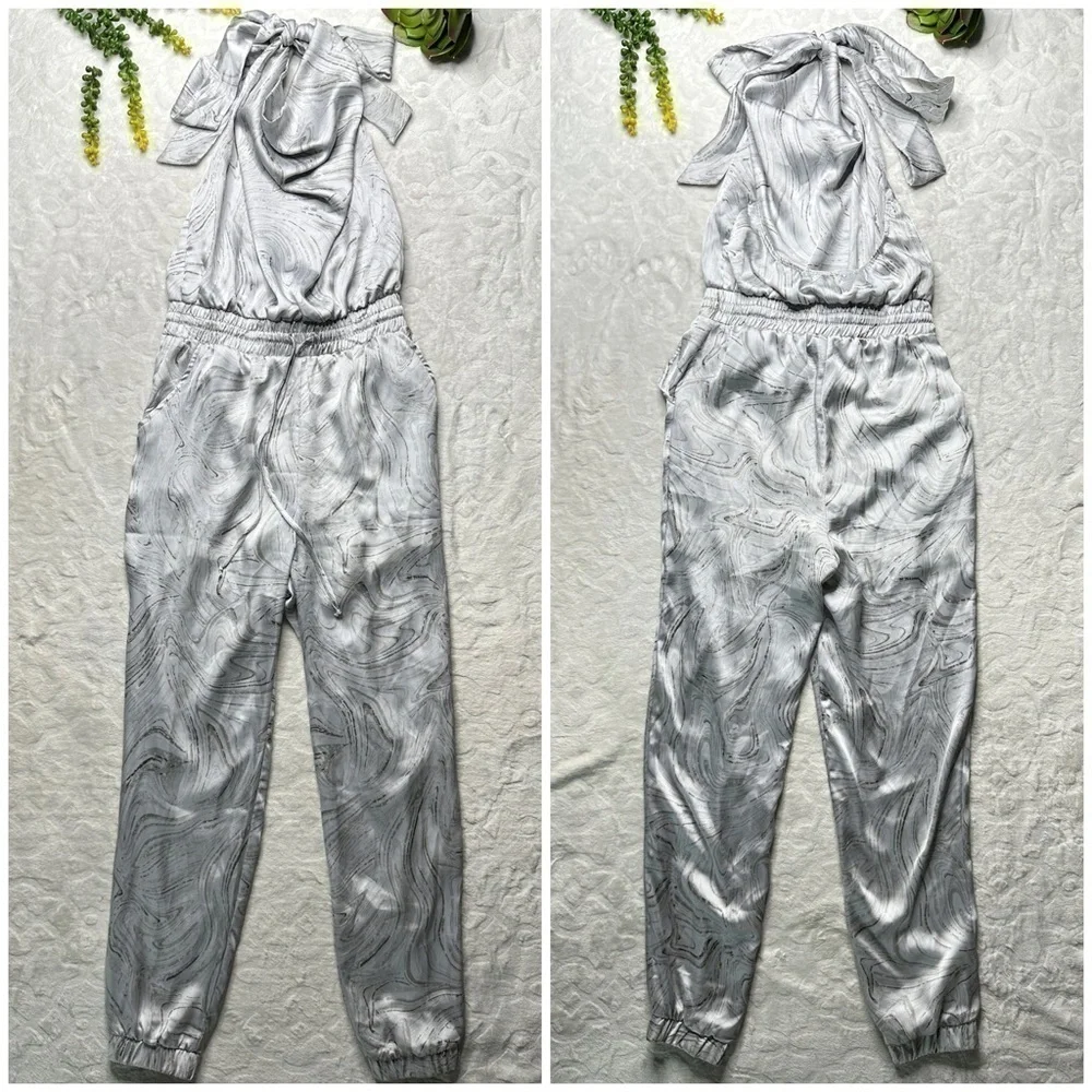 Caramela Marble Print Satin Halter Top Jumpsuit in White and Gray Womens Small